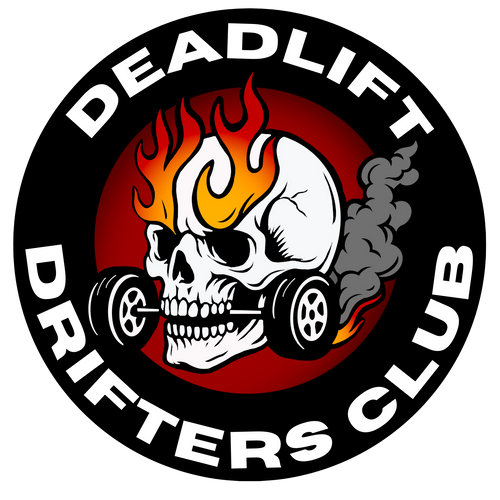Logo of Deadlift Drifters Club with a skull and barbell design.